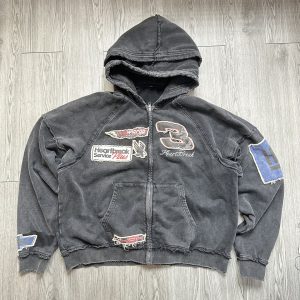 Embroidery Patch Men Acid Wash Zip up Hoodie